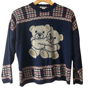Vintage 80s Navy Blue Bear Pattern Sweater by Adele Knitwear